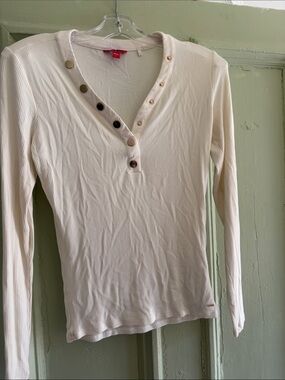 Guess Women's Cream Ribbed Henley Long-Sleeve Top